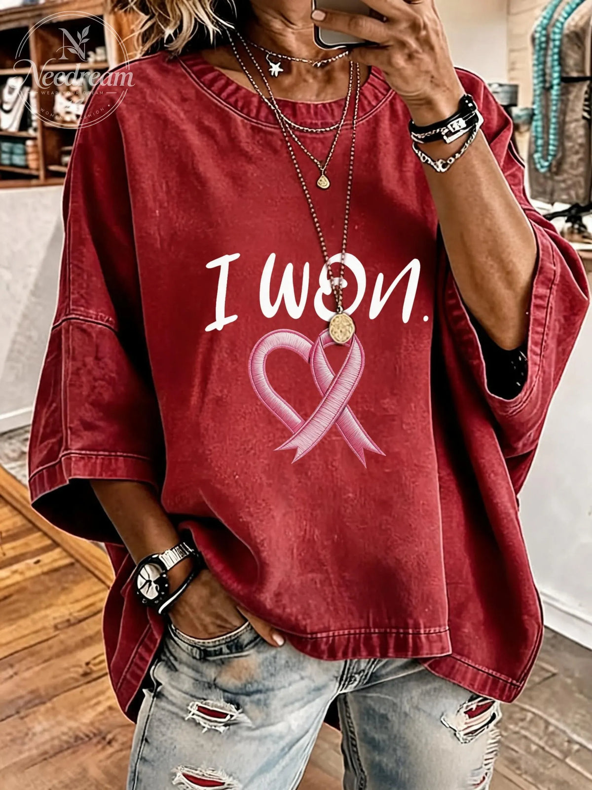 Women's Breast Cancer Awareness Ribbon Distressed Washed Oversized T-Shirt