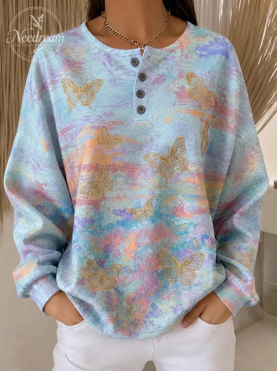 Women's Breast Cancer Awareness Gold Butterfly Printed Henley Sweatshirt