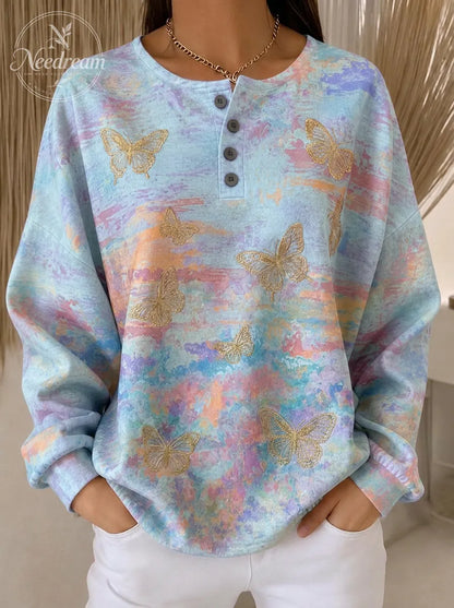 Women's Breast Cancer Awareness Gold Butterfly Printed Henley Sweatshirt
