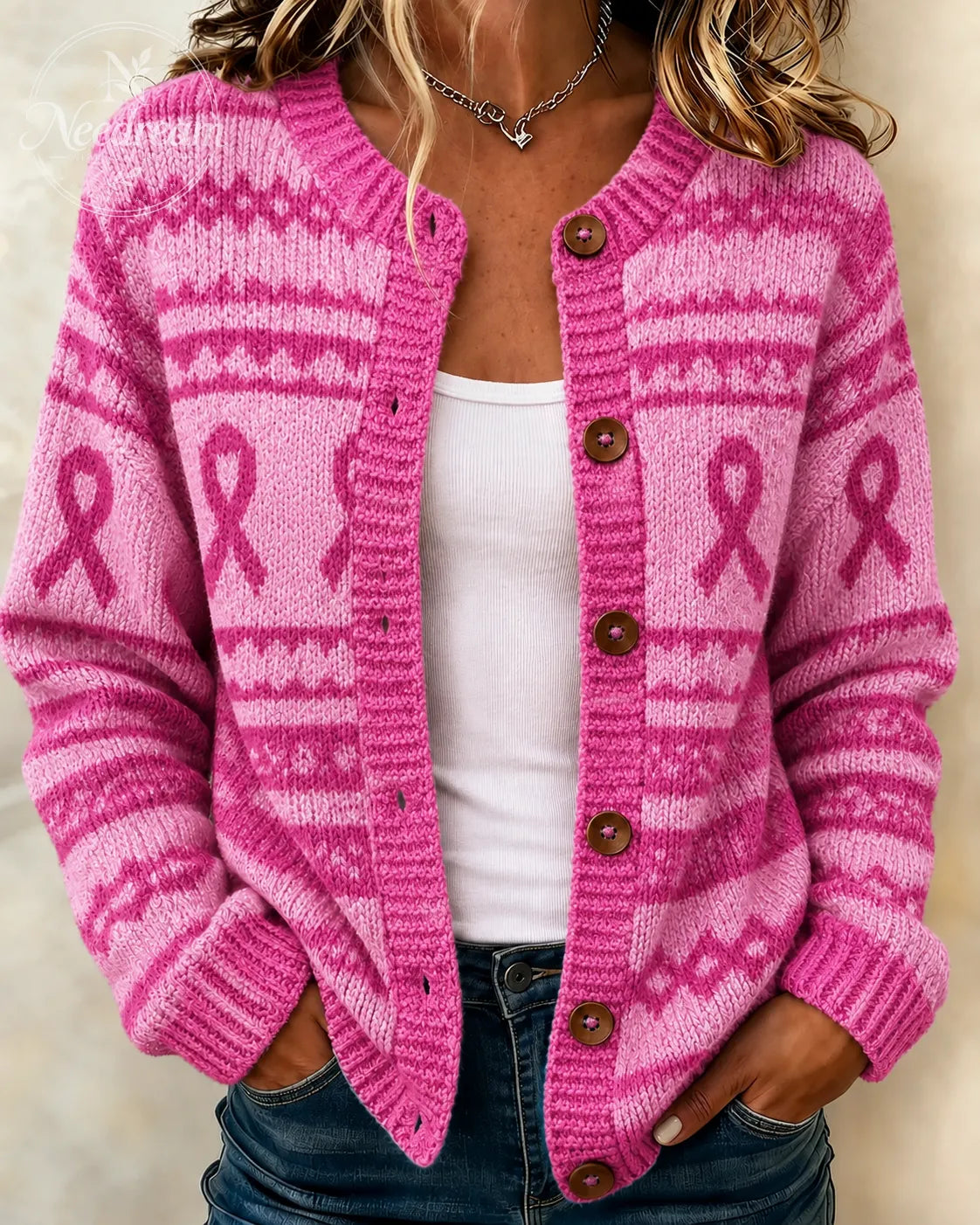 Women's Pink Gradient Casual Long-Sleeve Knit Cardigan