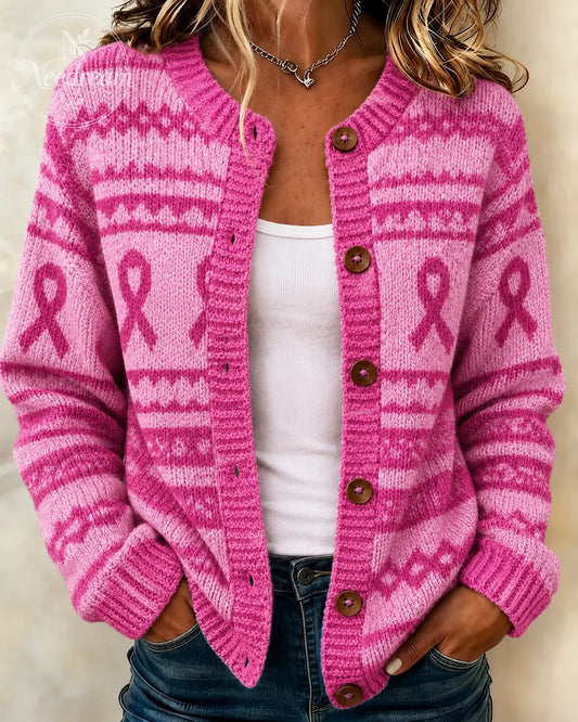 Women's Pink Gradient Casual Long-Sleeve Knit Cardigan