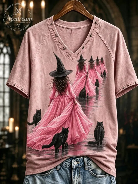 Women's Pink Witch-Themed Print Casual T-Shirt