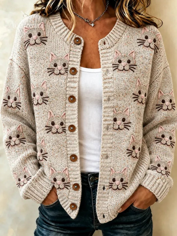 Women'S Breast Cancer And Flower Printing Knitted Cardigan Top