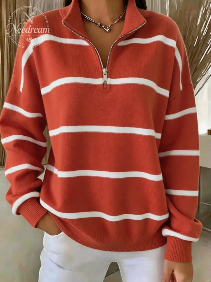Women Striped Half Open Collar Casual Spring/Fall Long Sleeve Sweatshirt