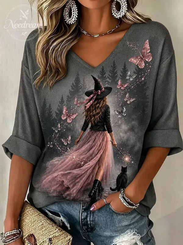 Girls' Halloween Witch Breast Cancer Printed T-Shirt