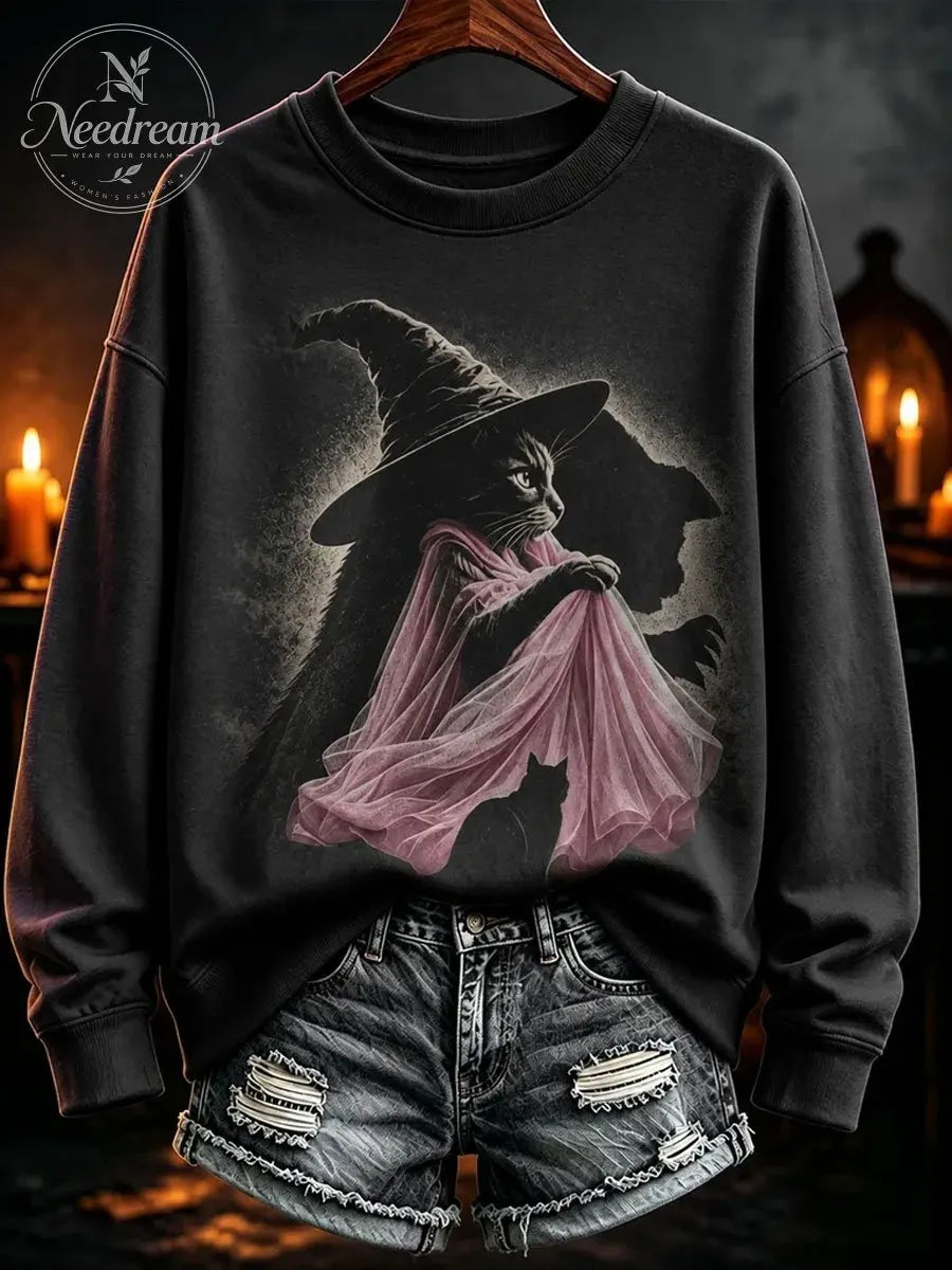 Women'S Breast Cancer Halloween Witch Cat Print Sweatshirt