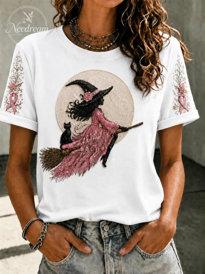 Women'S Pink Witch-Themed Printed Casual T-Shirt
