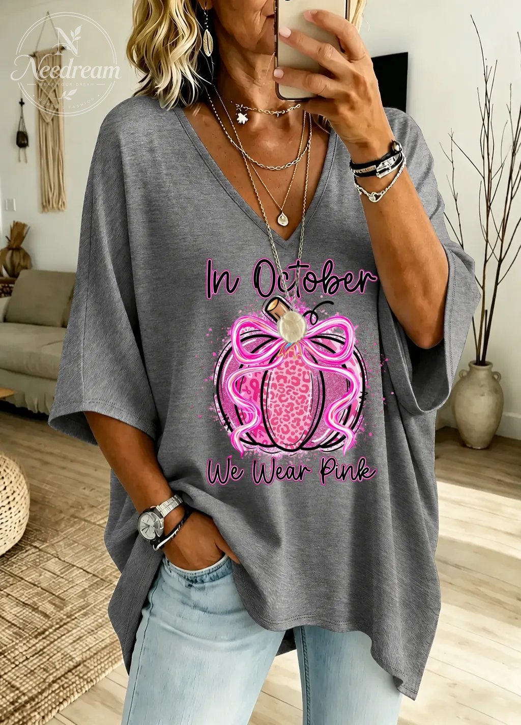 Women's  "In October We Wear Pink" Loose-Fit Pure Cotton V-Neck T-Shirt