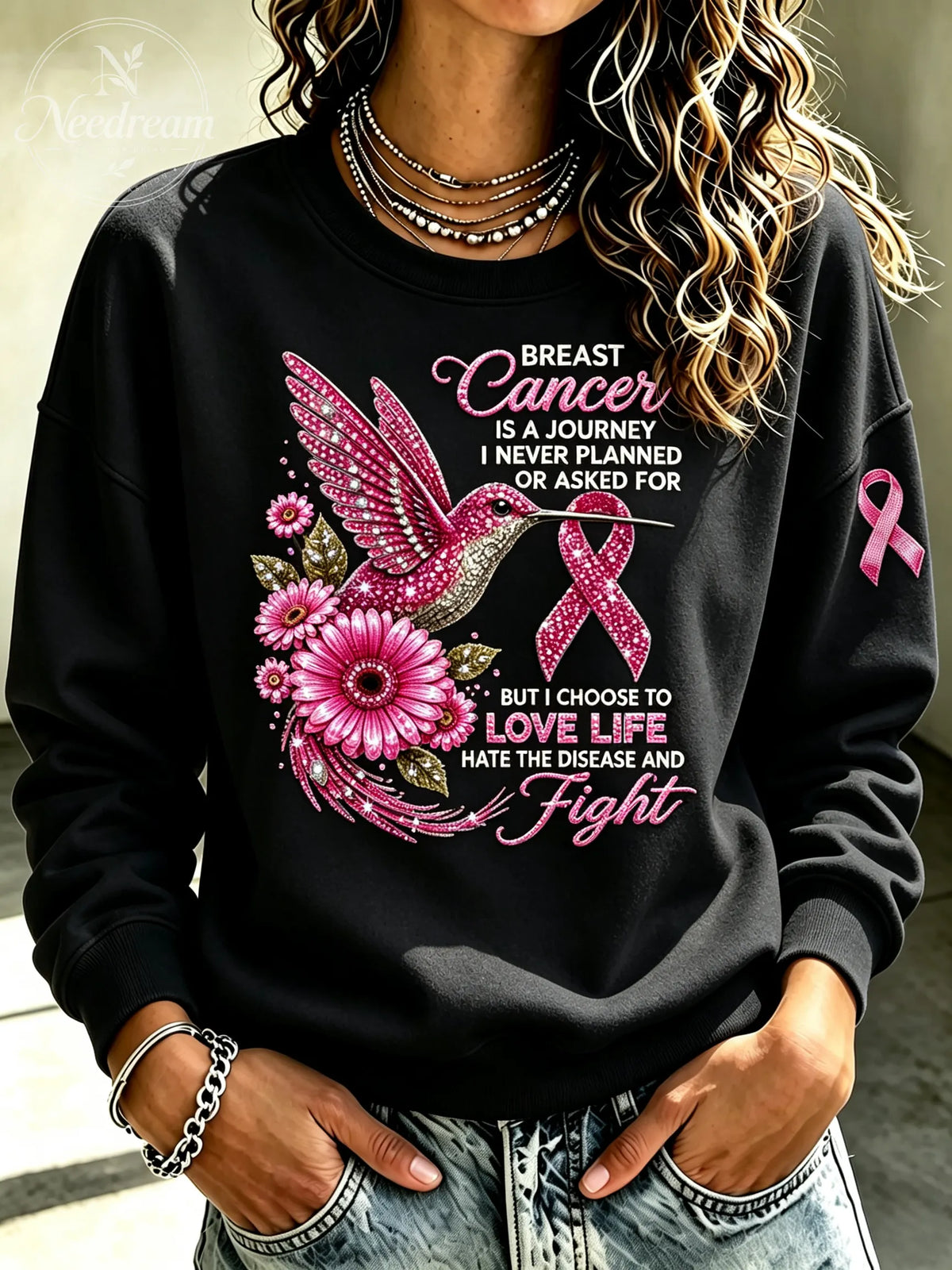 Women's Breast Cancer Kingfisher Hot Diamond Printed Casual Sweatshirt