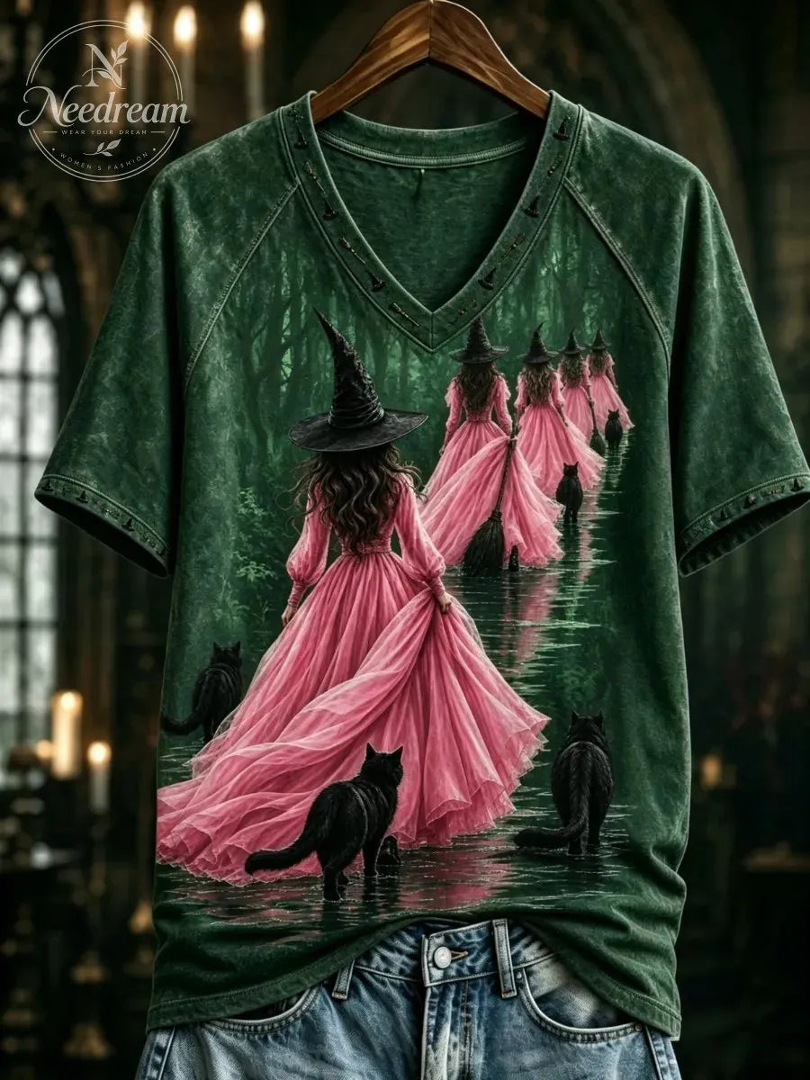 Women's Pink Witch-Themed Print Casual T-Shirt