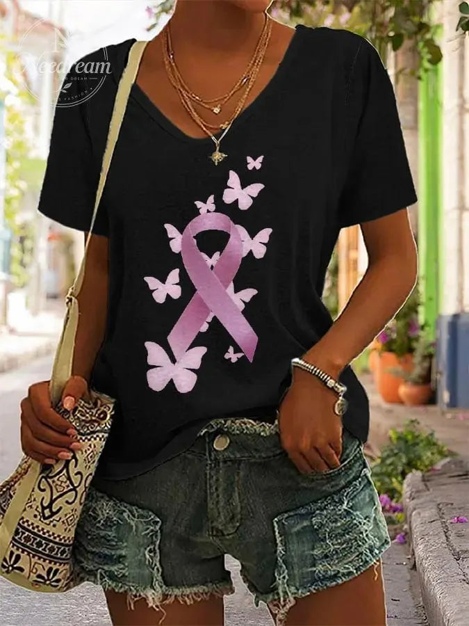 Women's Butterfly Breast Cancer Print Loose Short Sleeve T-Shirt