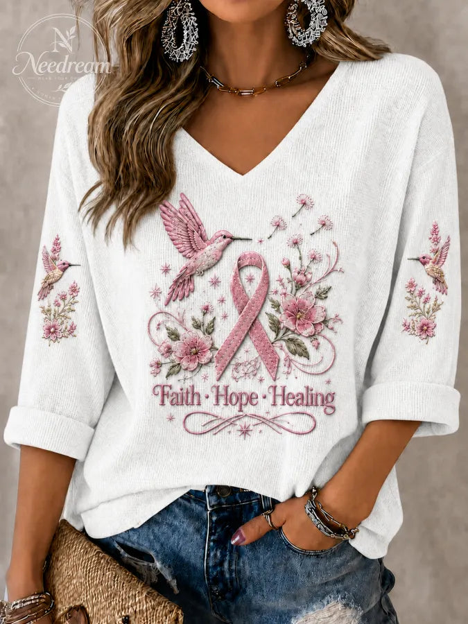 Women'S Breast Cancer Art Printed V-Neck Top