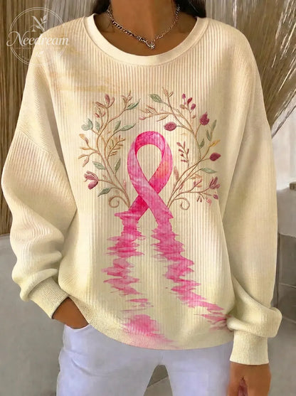 Women's Breast Cancer Awareness Floral Ribbon Printed Sweatshirt