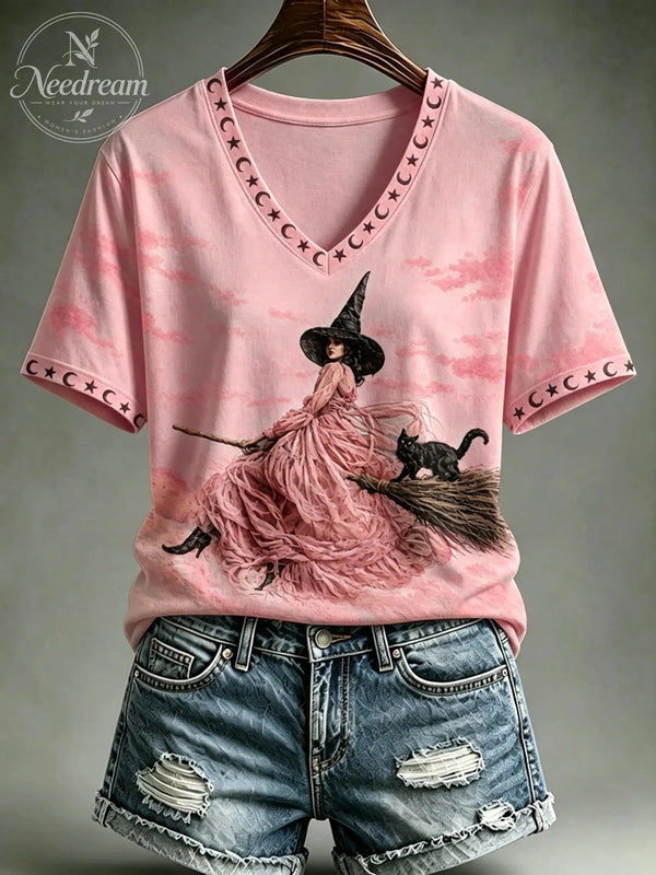 Women's Halloween Breast Cancer Pink Printed V-neck T-shirt