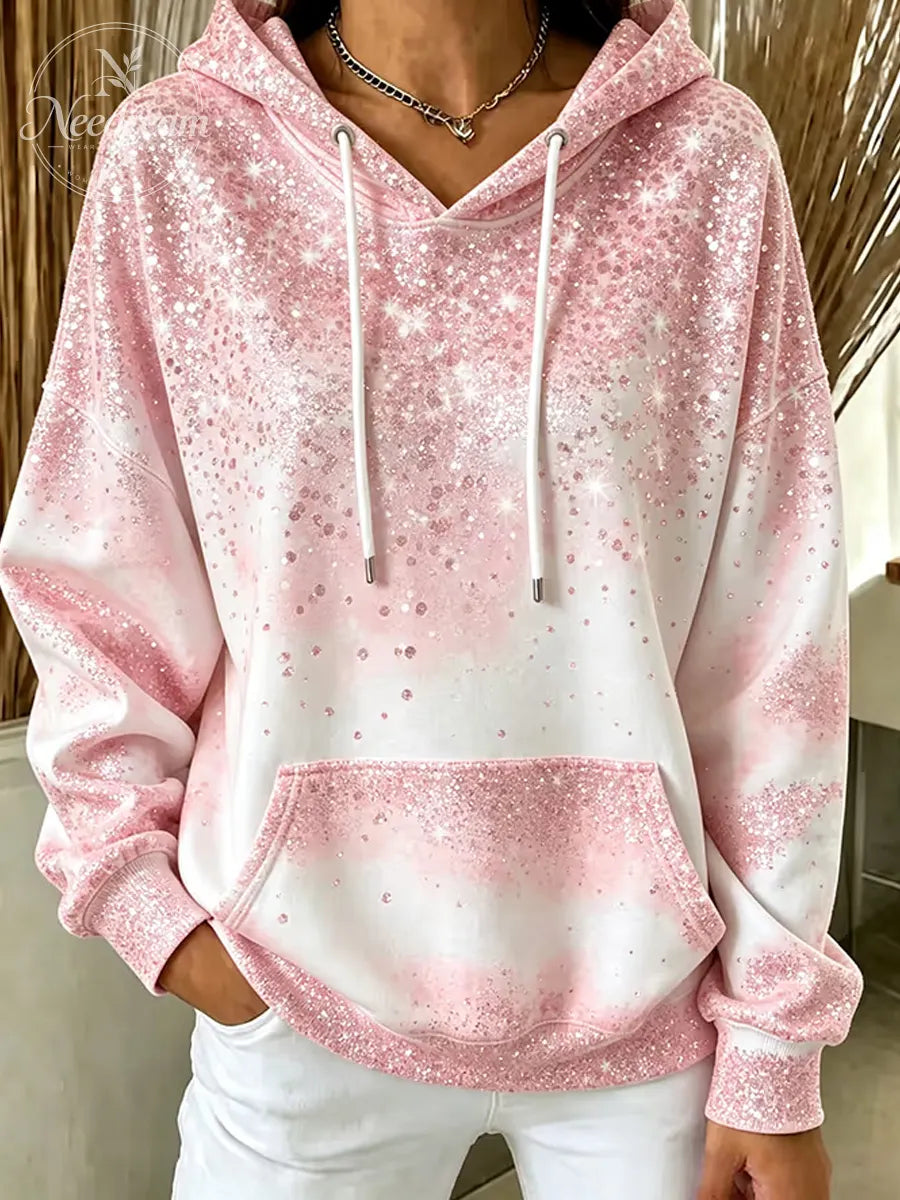 Women'S Retro Pink Breast Cancer Awareness Print Casual Hooded Sweatshirt