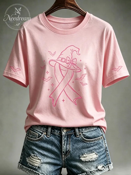 Women's Pink Witch Hat Printed Casual T-Shirt