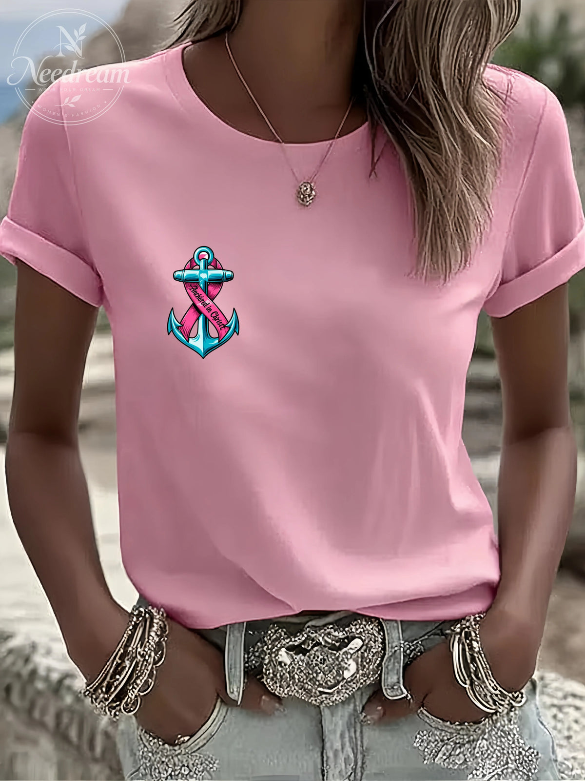 Women'S Breast Cancer Awareness Hope Short Sleeve Tee T-Shirt Crew Neck Printing Casual Graphic Tee