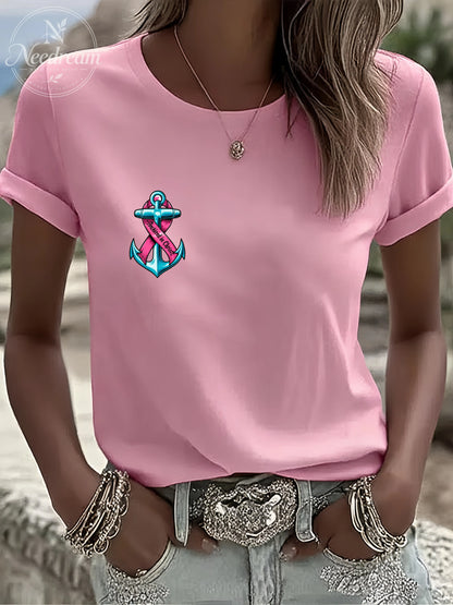 Women'S Breast Cancer Awareness Hope Short Sleeve Tee T-Shirt Crew Neck Printing Casual Graphic Tee
