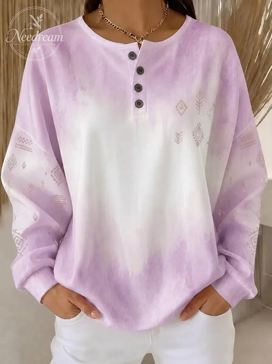 Women's Breast Cancer Awareness Pink Tie-Dye Geometric Printed Henley Sweatshirt