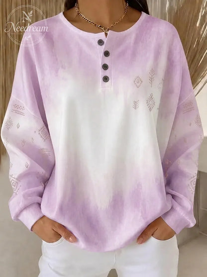Women's Breast Cancer Awareness Pink Tie-Dye Geometric Printed Henley Sweatshirt