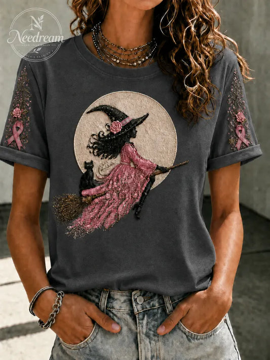 Women'S Pink Witch-Themed Printed Casual T-Shirt