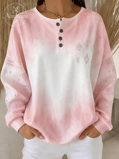 Women's Breast Cancer Awareness Pink Tie-Dye Geometric Printed Henley Sweatshirt