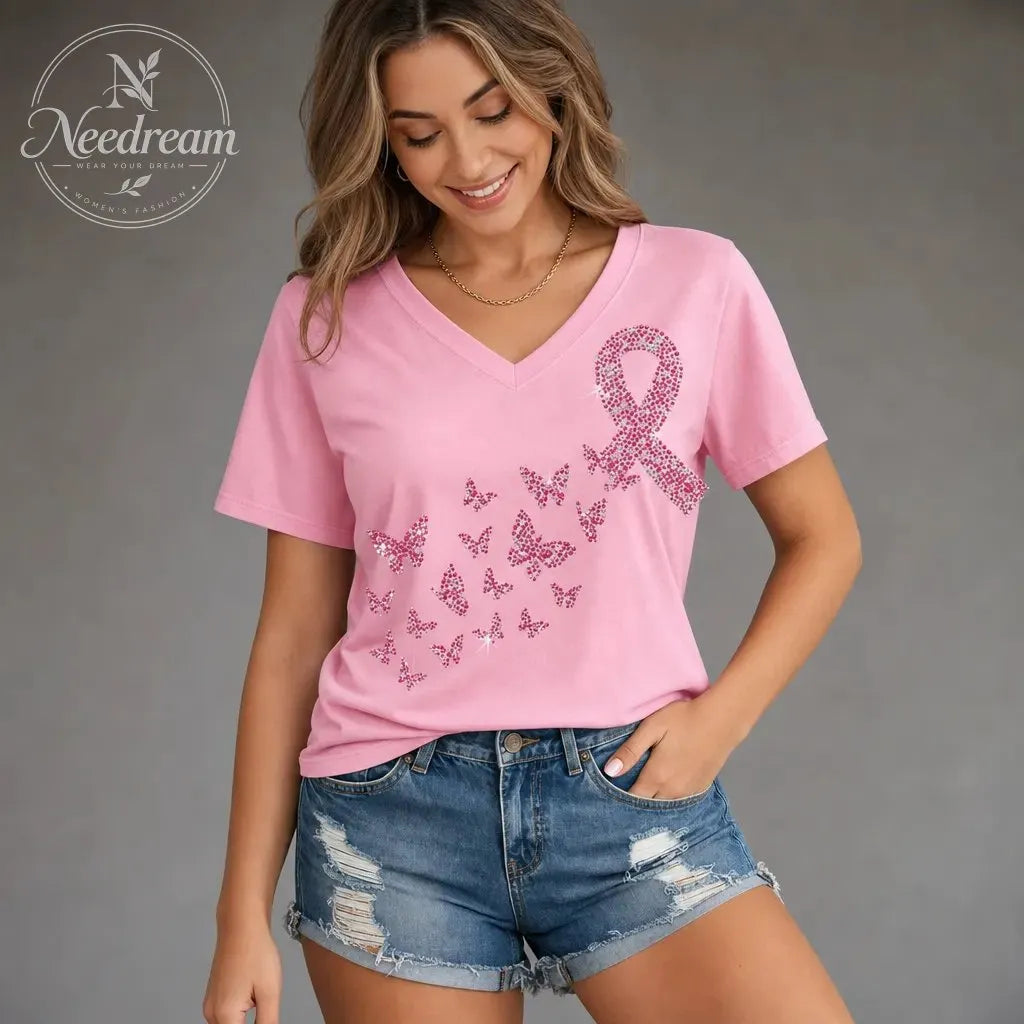 Women's Pink Breast Cancer Print Cotton Blend Short Sleeve T-Shirt