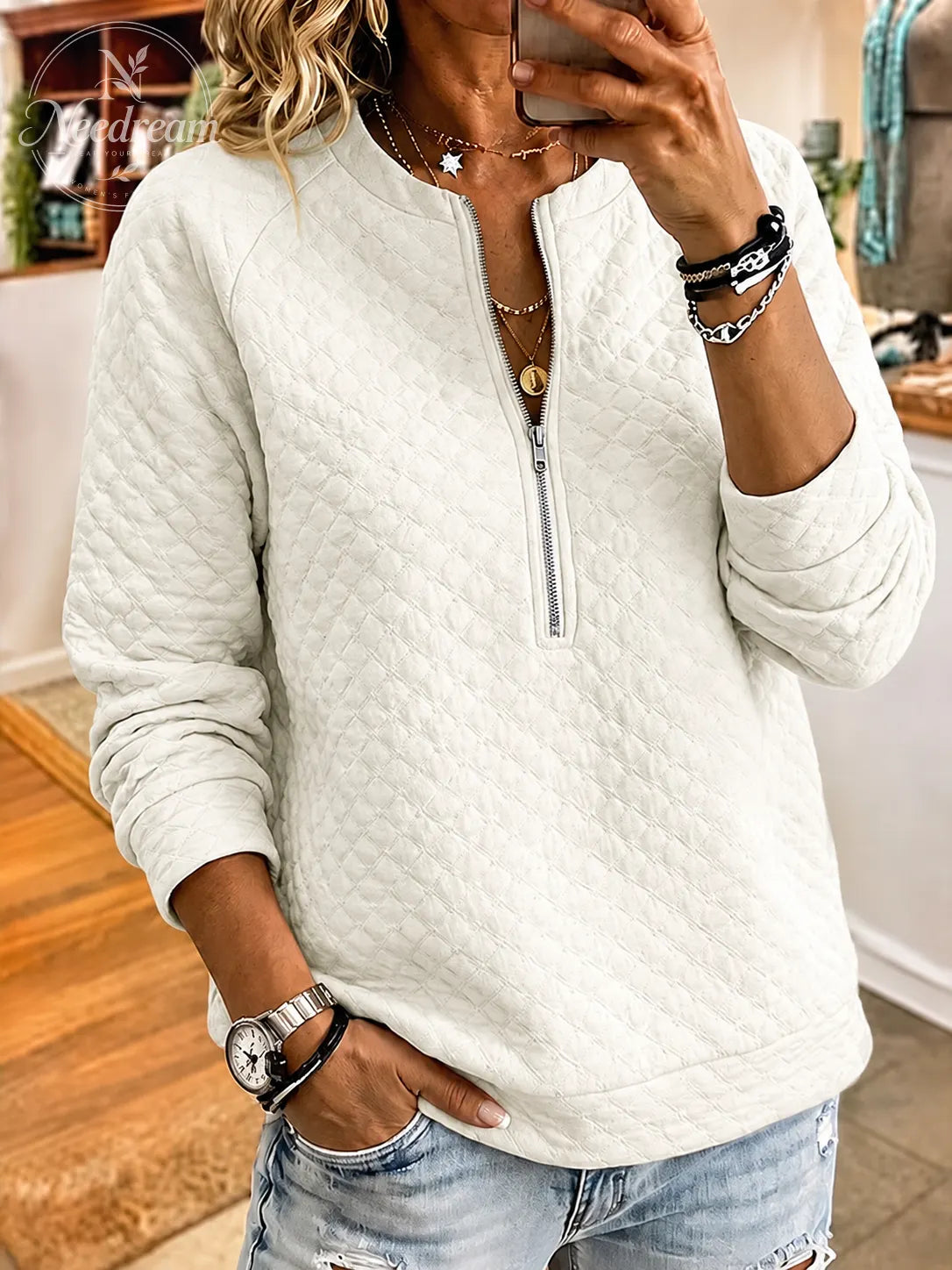 Women'S Casual Solid Color Multi-Color Cotton Diamond Grid Long Sleeved Pullover Sweatshirt