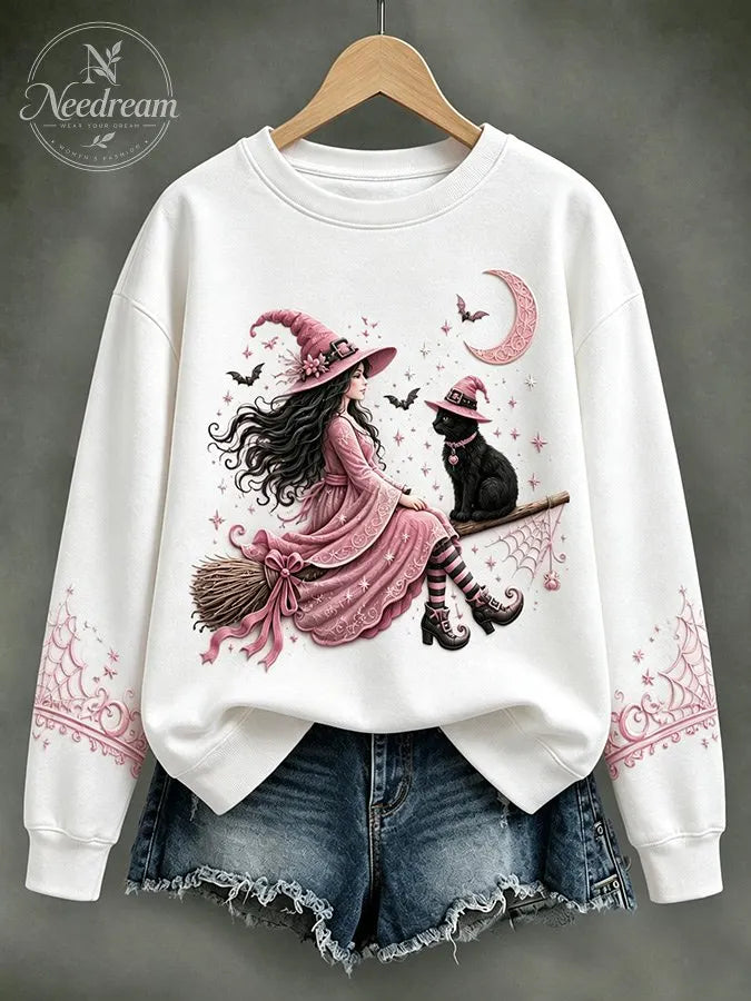 Women'S Retro Pink Witch Print Round Neck Sports Shirt