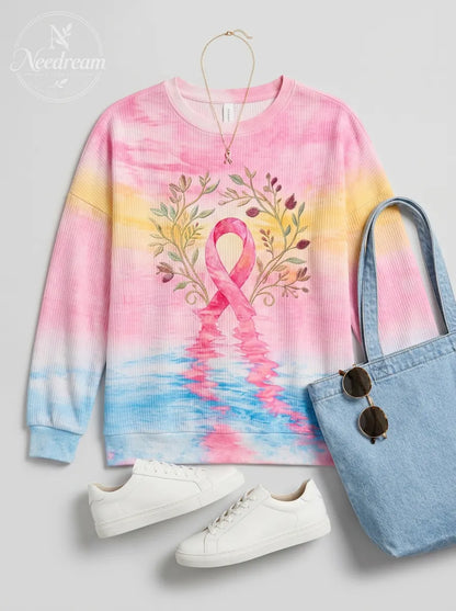 Women's Breast Cancer Awareness Floral Ribbon Printed Sweatshirt