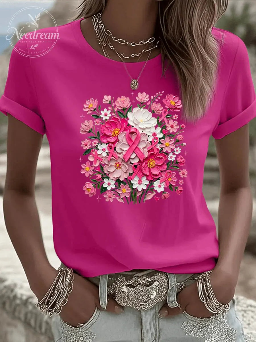 Women's  We Wear Pink Flower Pattern Round-Neck 100% Cotton T-Shirt
