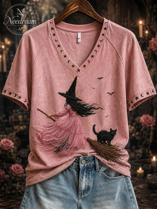 Women's Pink Witch-Themed Print Casual T-Shirt