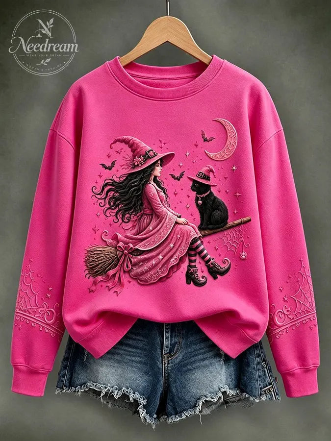 Women'S Retro Pink Witch Print Round Neck Sports Shirt