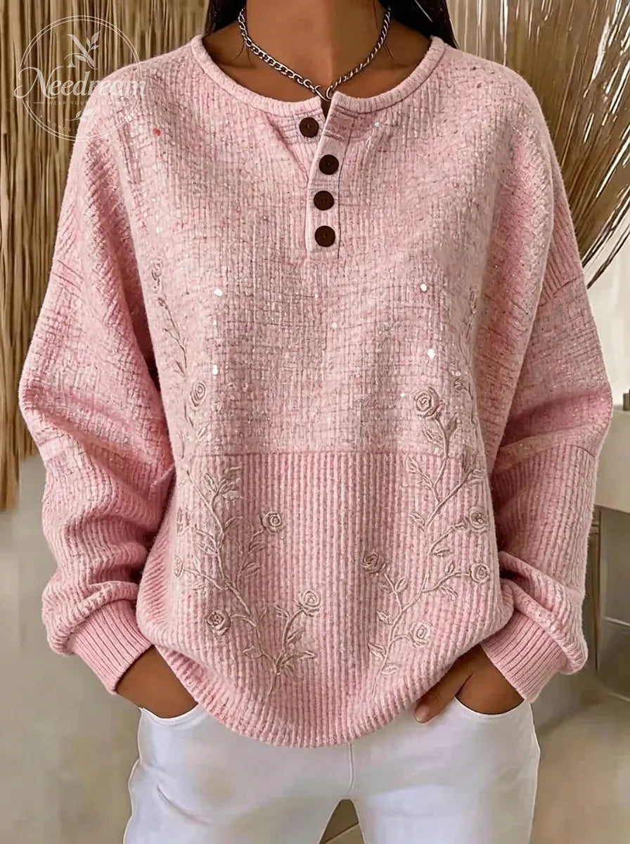 Women's Breast Cancer Awareness Pink Rose Embroidered Buttoned Sweatshirt