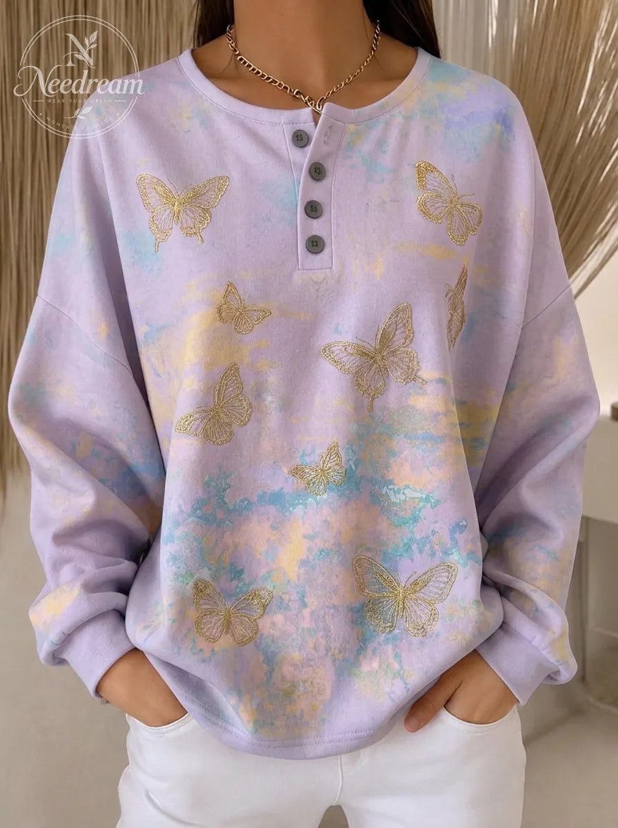 Women's Breast Cancer Awareness Gold Butterfly Printed Henley Sweatshirt
