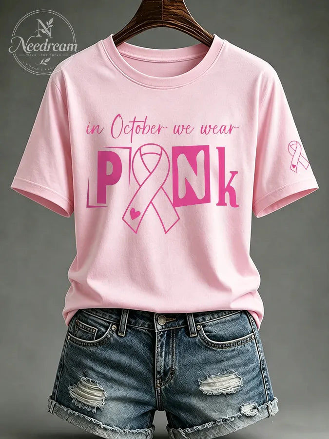 Women's In October We Wear Pink Printed Casual T-Shirt