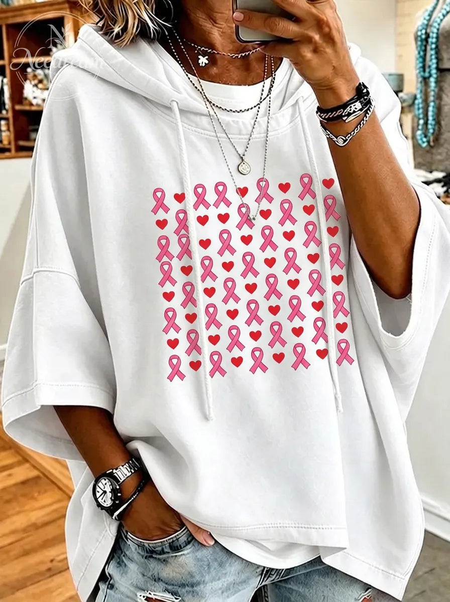 Women's Breast Cancer Awareness Pink Ribbon Heart Printed Hoodie
