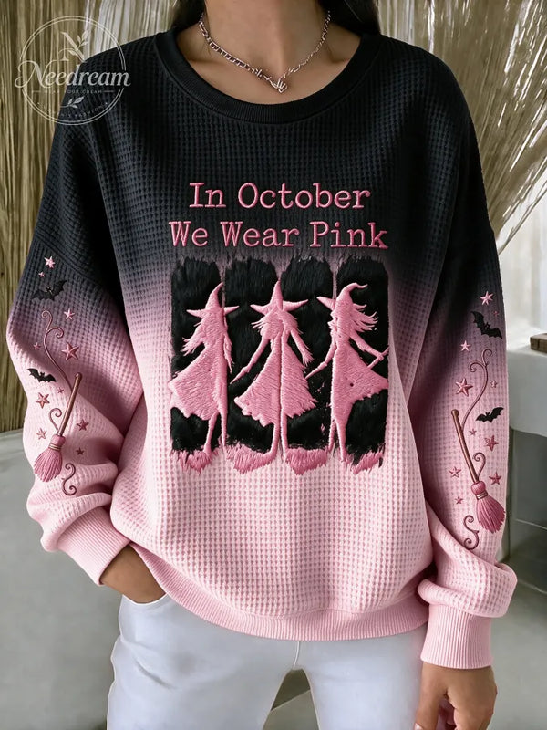 Women'S Pink Witch-Themed Waffle Sweatshirt