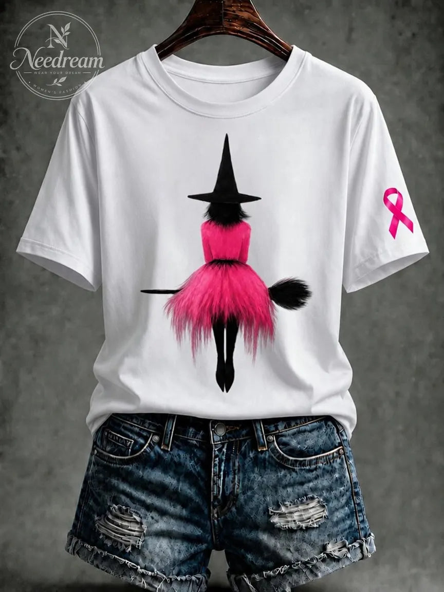 Women's Pink Witch Hat Printed Casual T-Shirt