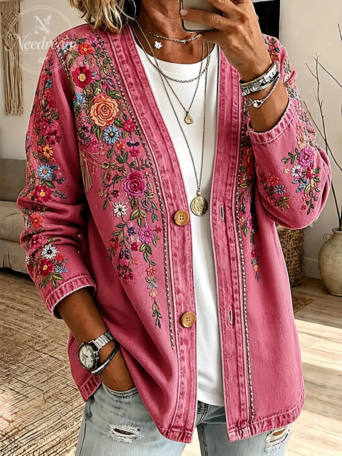 Women'S Vintage Pink Floral Print Cardigan