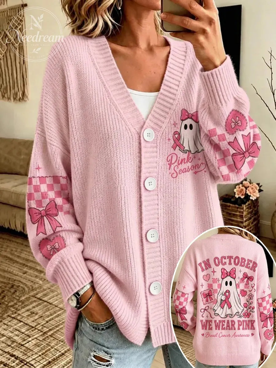 Women's Halloween Ghost-Themed Pink Knit Cardigan