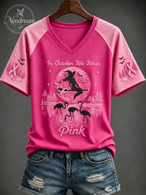 Women's Breast Cancer “IN OCTOBER WE WEAR Pink” Printed V-neck T-shirt