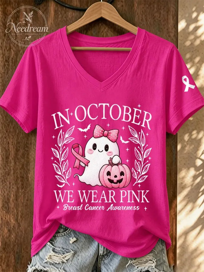 Women'S In October We Wear Pink Print T-Shirt