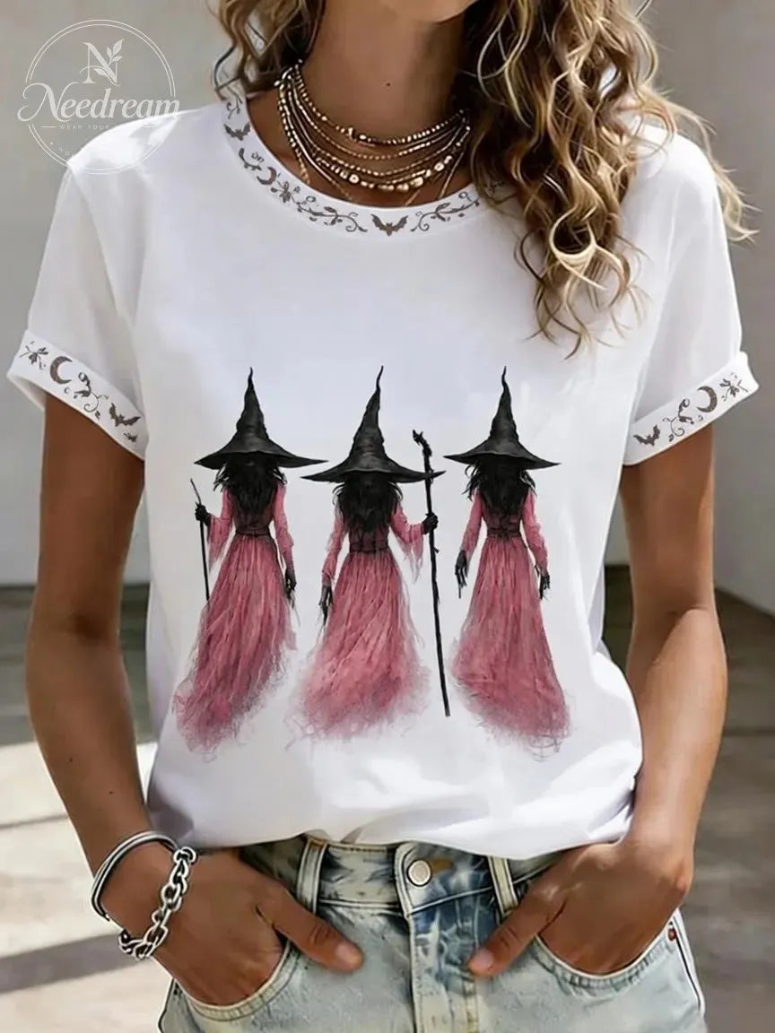 Women'S Retro Halloween Pink Witch Print Casual T-Shirt
