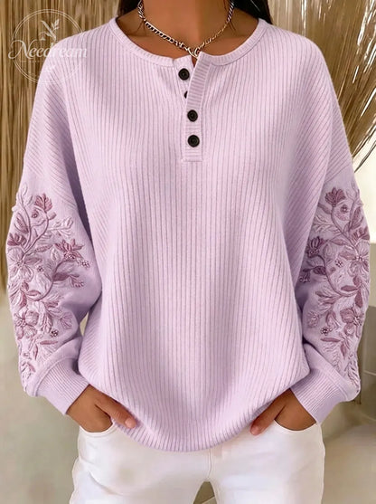 Women's Breast Cancer Awareness Floral Embroidered Printed Sweatshirt