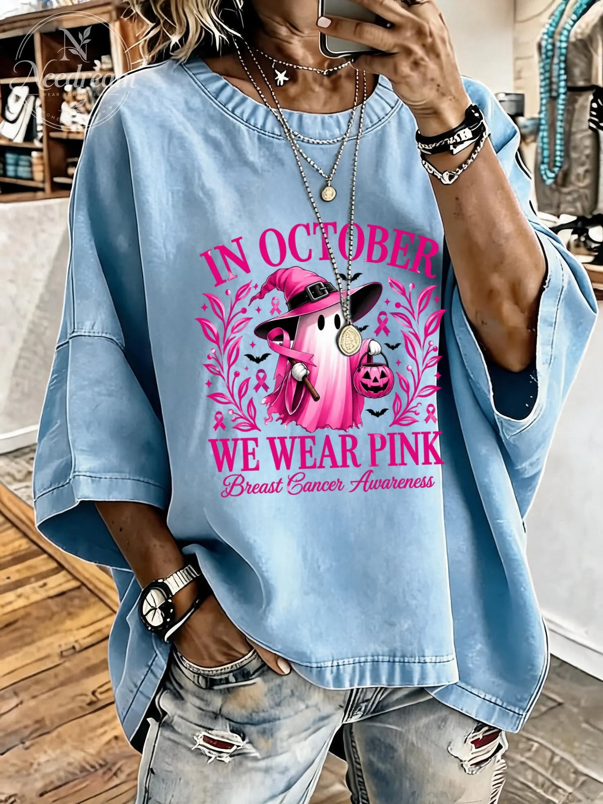Women's Breast Cancer Awareness Distressed Washed Oversized T-Shirt