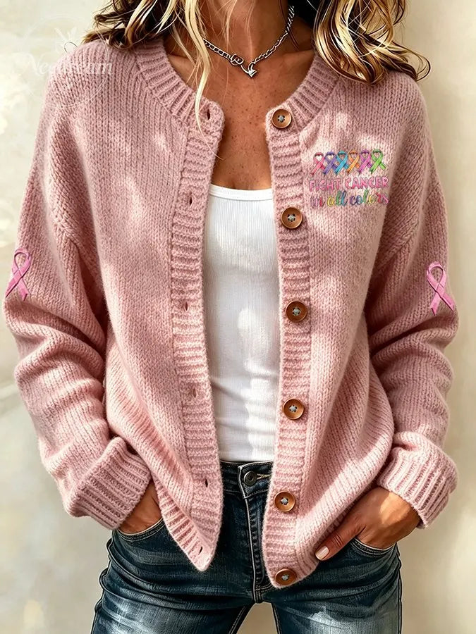 Women'S Pink Breast Cancer Leopard Flower Cardigan