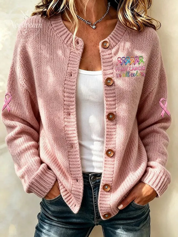 Women'S Pink Breast Cancer Leopard Flower Cardigan