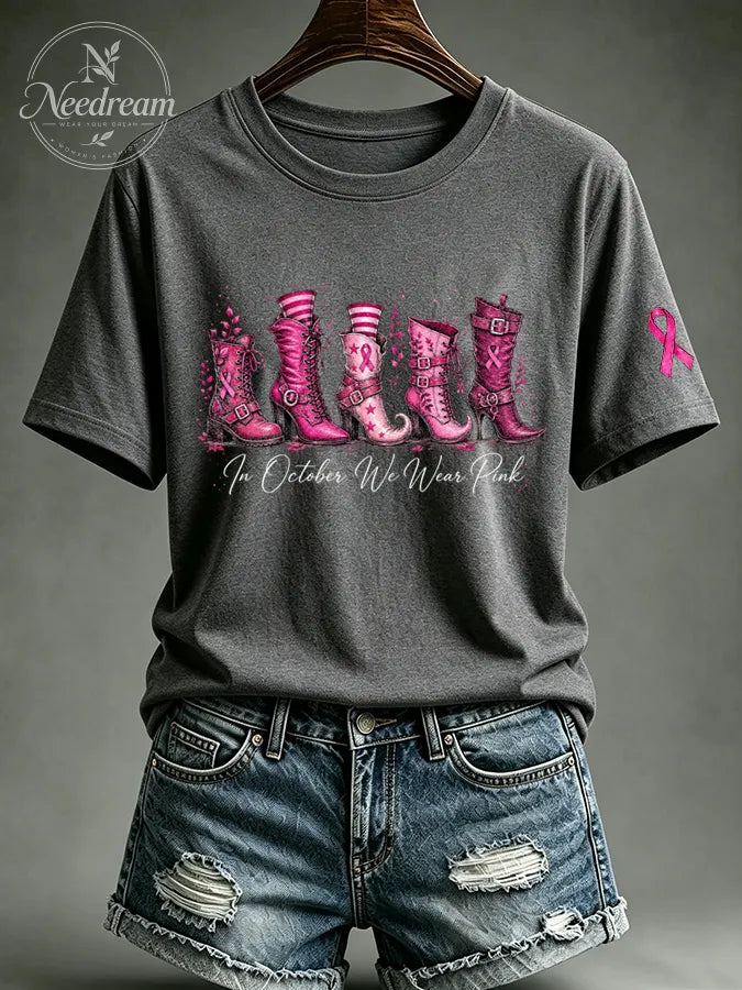 Women's In October We Wear Pink Printed Casual T-Shirt
