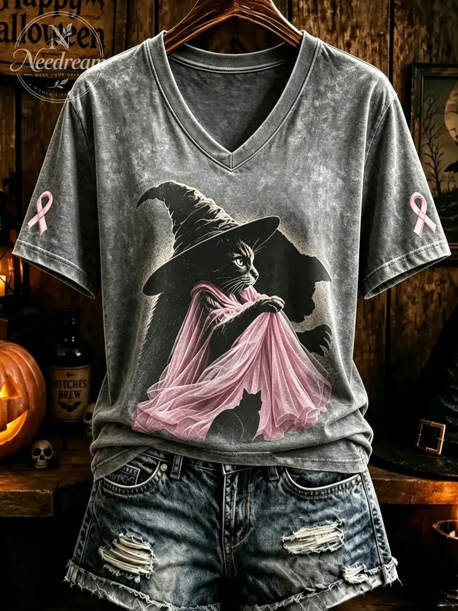 Women's Pink Witch-Themed V-Neck T-Shirt